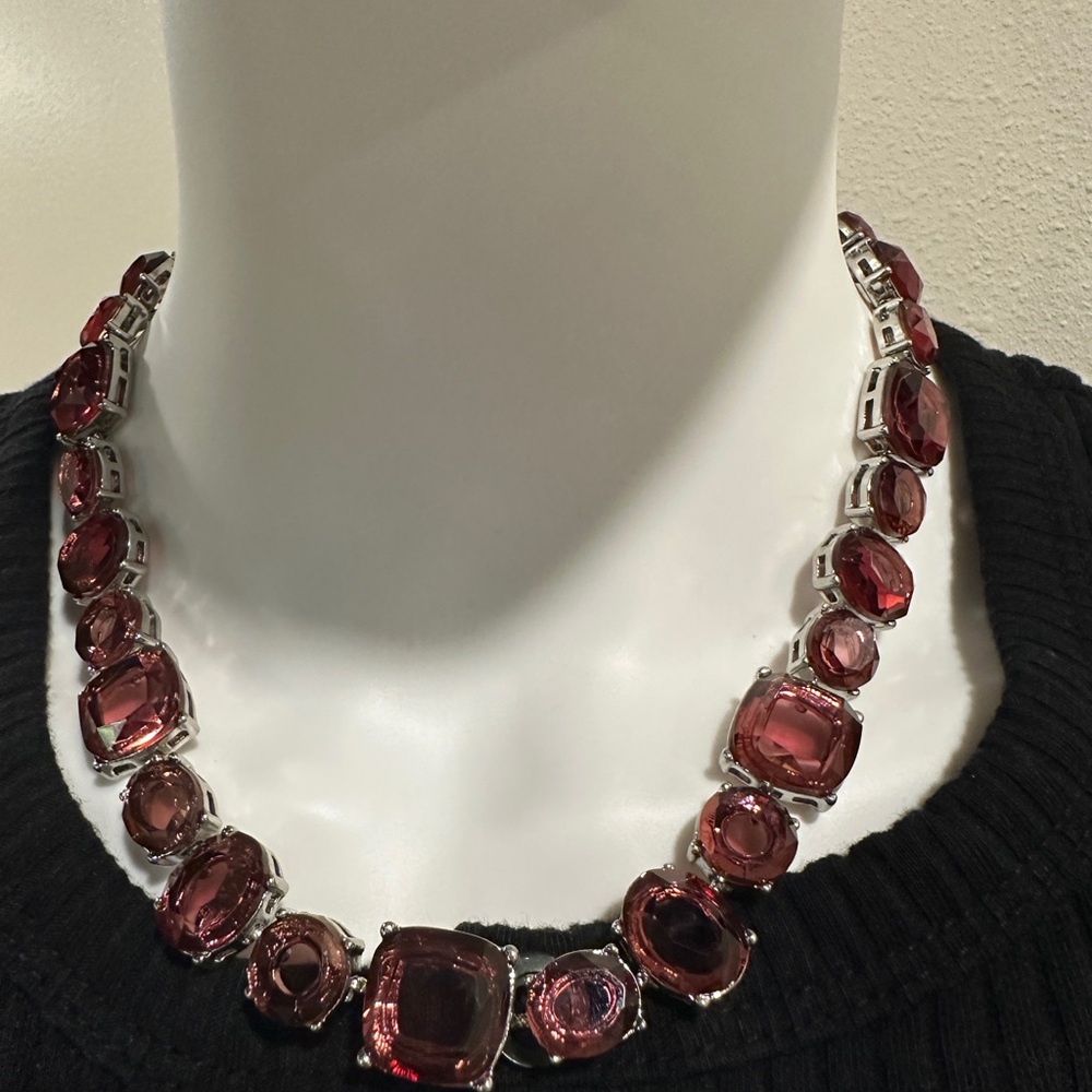 Banana Republic Statement Necklace – Deep Plum Crystal Silver-Tone 💎